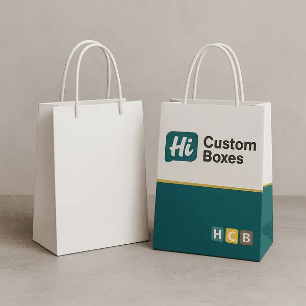 Two paper gift bags one plain white one custom printed with Hi Custom Boxes logo and HCB branding