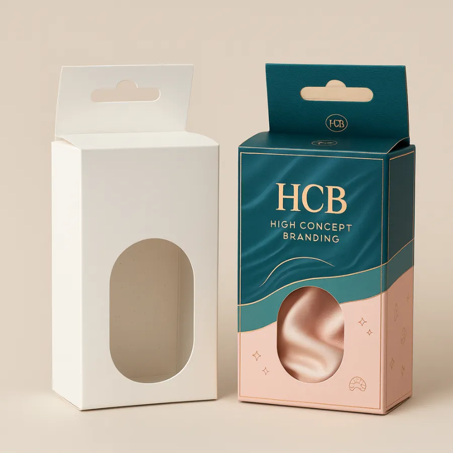 Custom hair bonnet boxes with window and hanger tab for retail display-