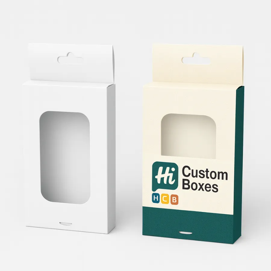 Long- narrow boxes with a hang tab and window for single handkerchief display- class=