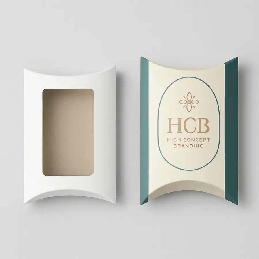 Curved pillow-style handkerchief gift boxes- one with a window- one with custom graphics- class=