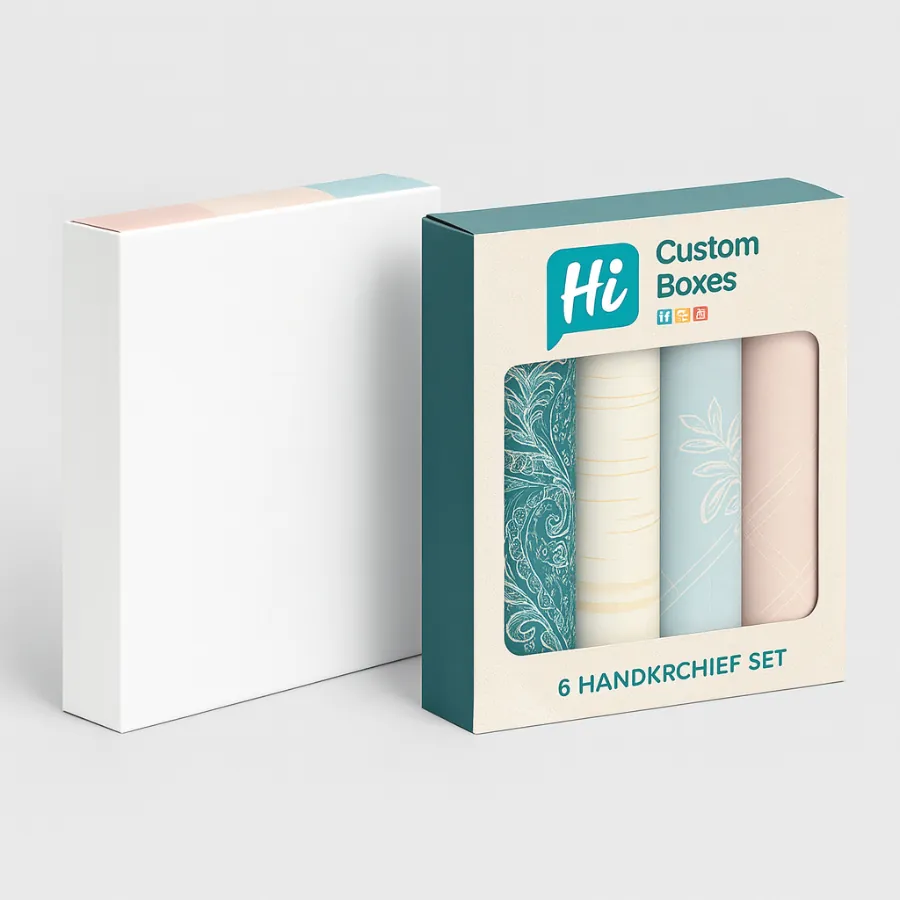 White and branded retail tuck-end boxes with a clear window for a set of six handkerchiefs-