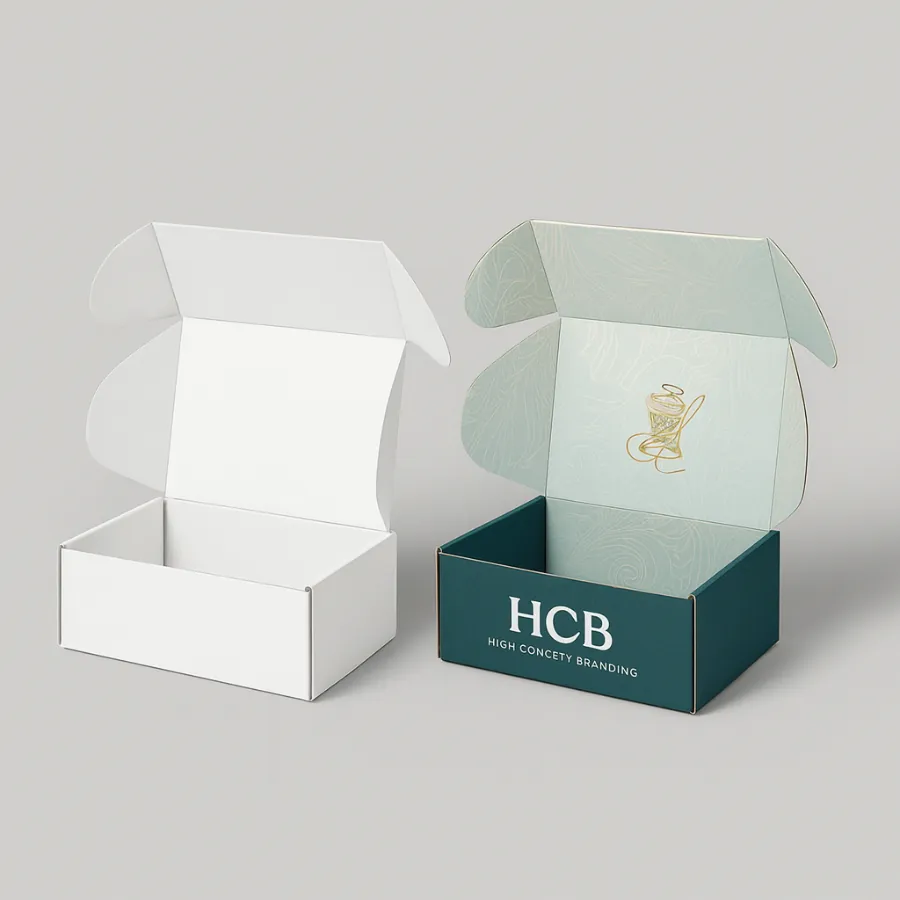 White and teal custom mailer boxes- open- designed for handkerchief packaging or small goods- class=