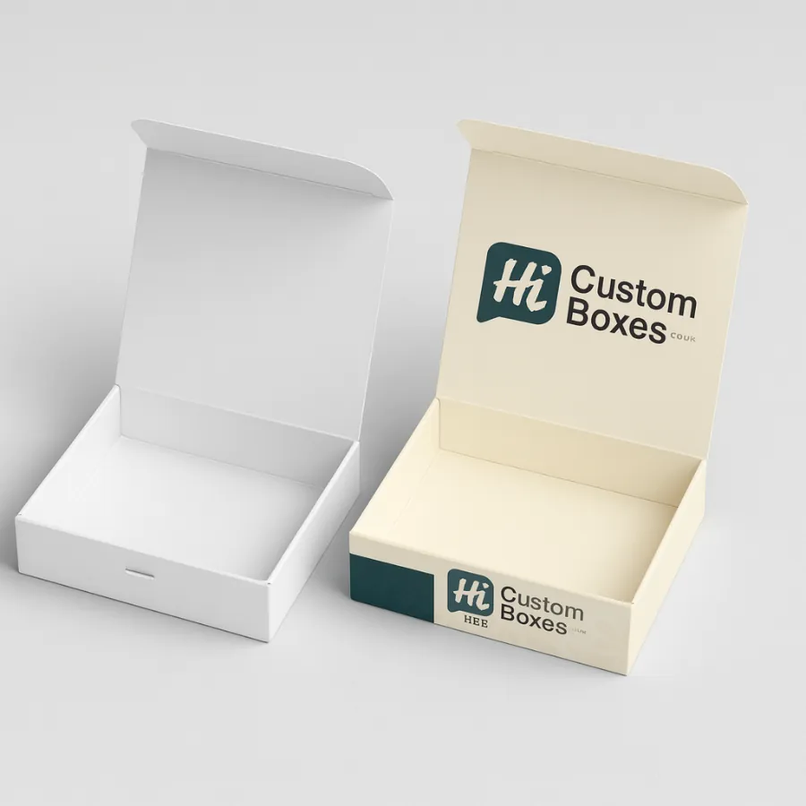 Flat- open rectangular boxes for handkerchiefs- showing inner and outer custom printing- class=