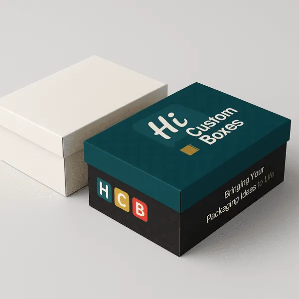 Two rigid boxes one plain ivory and one printed with Hi Custom Boxes logo and colourful HCB design