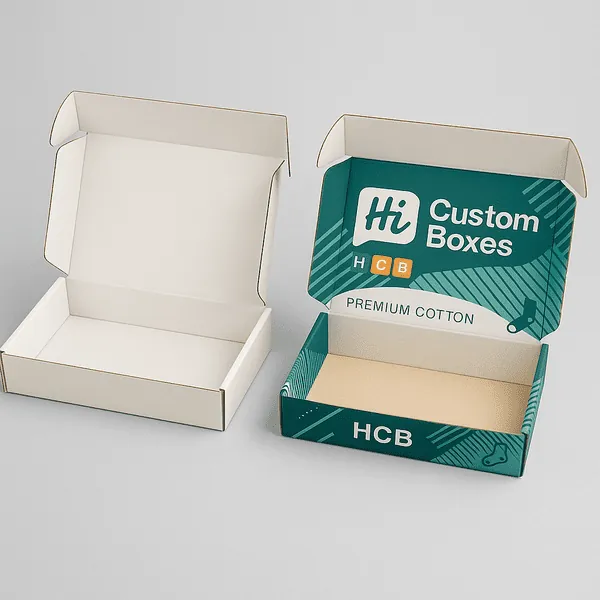 Two open mailer boxes one plain white one printed with Hi Custom Boxes branding for premium cotton