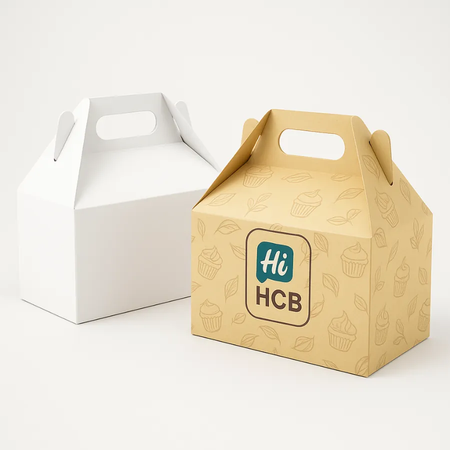Kraft and white cake boxes with handles- ideal for bakery takeaway and dessert packaging-