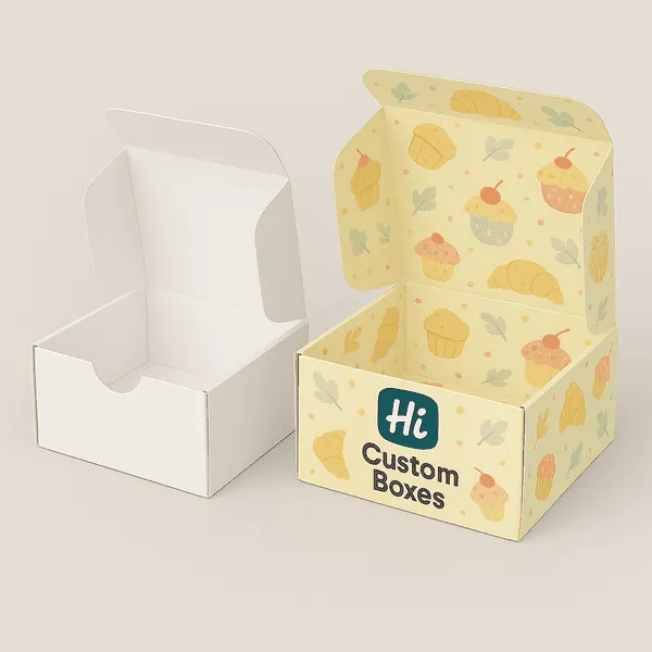 food boxes one plain white one yellow with Hi Custom Boxes branding and bakery themed prints class=