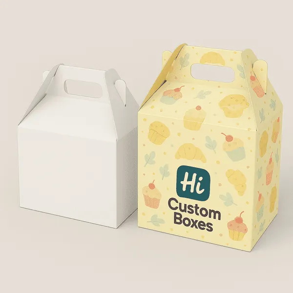 Two gable boxes one plain white one yellow with Hi Custom Boxes branding and bakery themed graphics class=