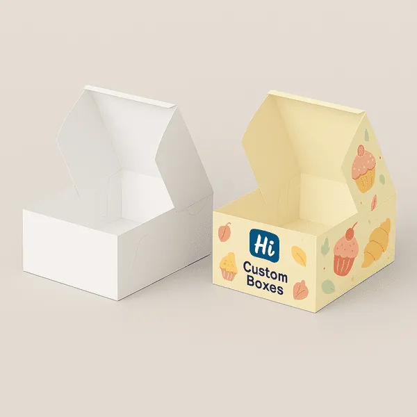 Two open bakery boxes one plain white one yellow with Hi Custom Boxes branding and pastry icons class=