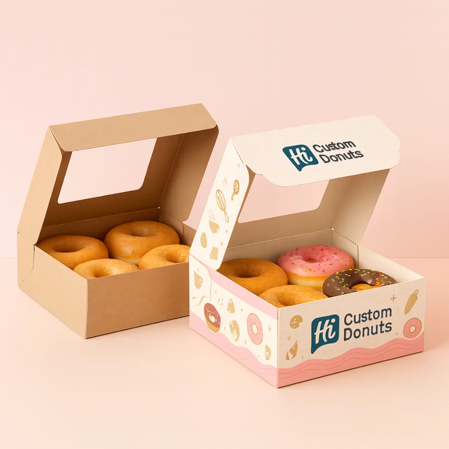 Two open donut boxes with clear windows- one plain kraft with glazed donuts- the other custom branded -Hi Custom Donuts- with assorted frosted donuts inside-