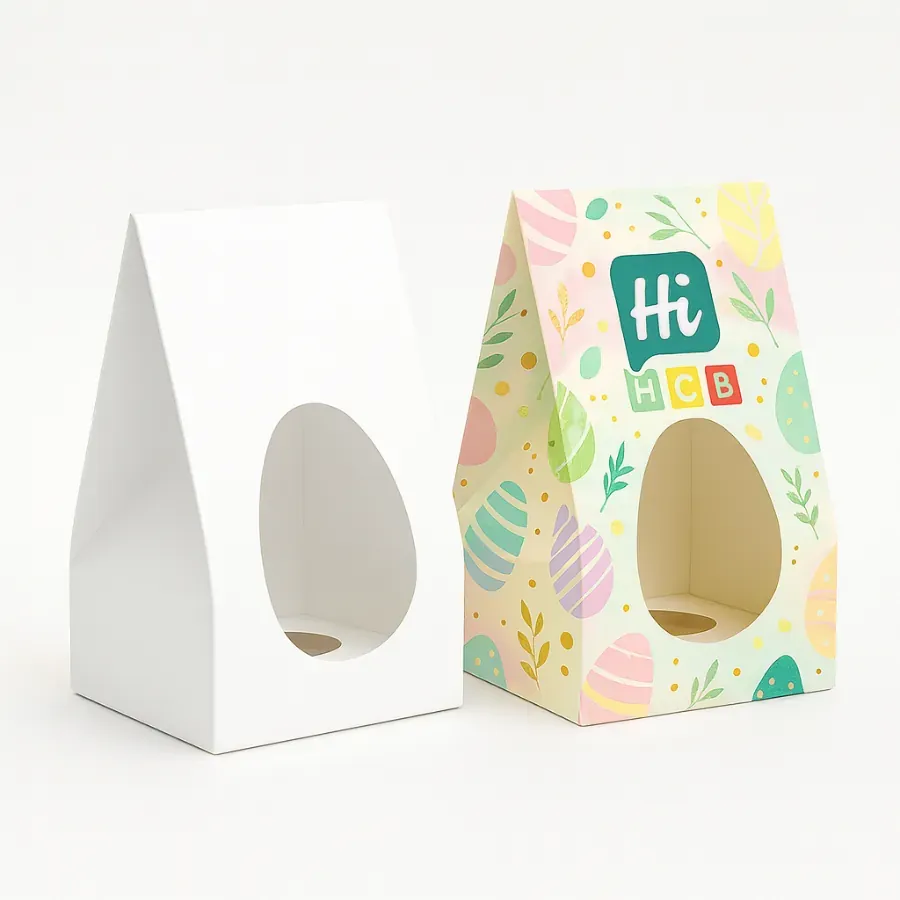 Custom Easter egg boxes- gable style- with oval-shaped window and pastel print- class=