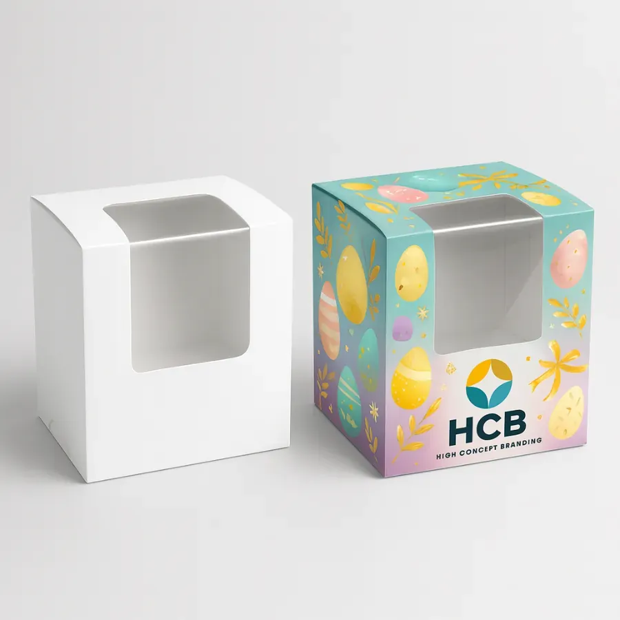 Easter egg packaging boxes- square cube style with large window and spring graphics- class=