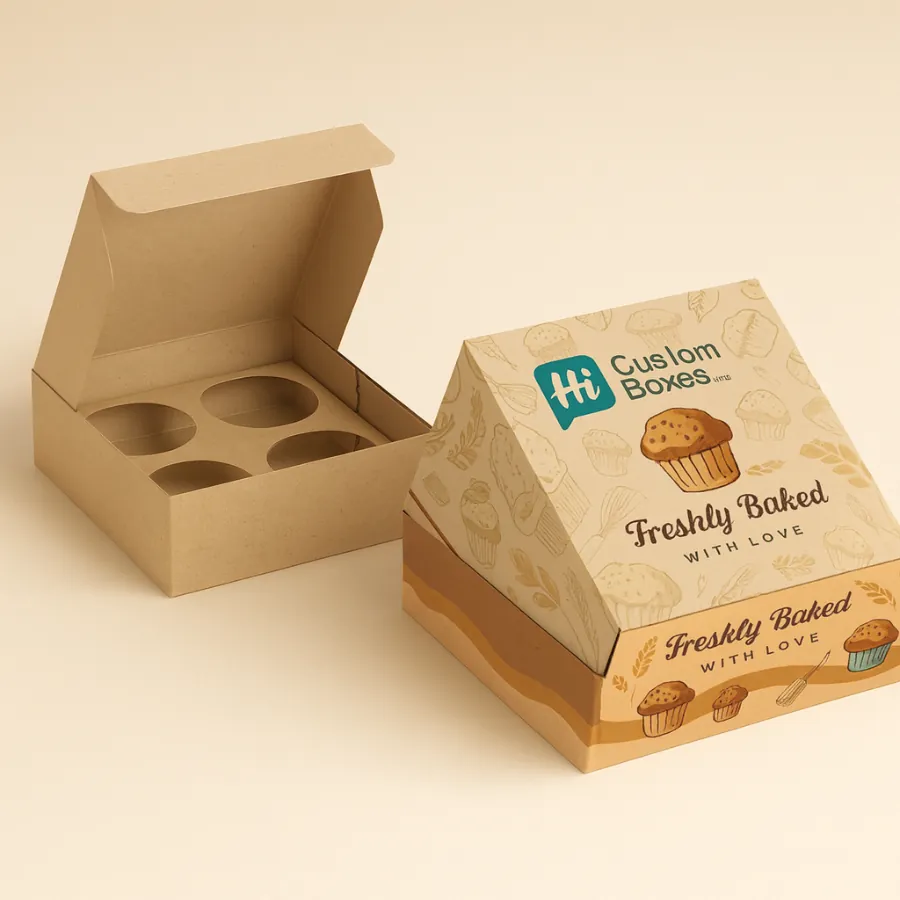 Brown kraft paper muffin boxes with a separate four-cup insert- shown open and closed- featuring a custom bakery design for secure cake packaging-