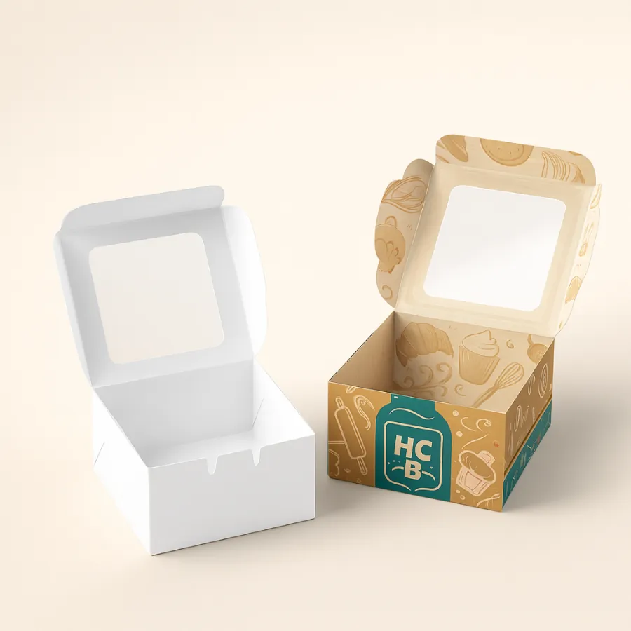 Custom pastry packaging boxes with printed branding and window cutout design for bakery and dessert presentation-