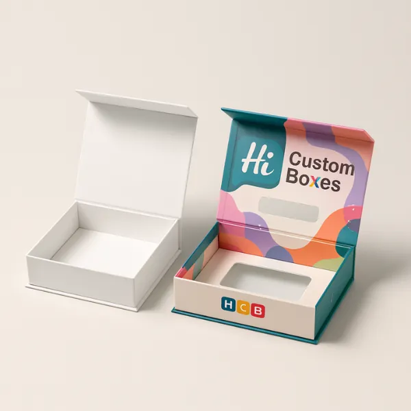 Plain and custom printed magnetic closure rigid boxes with transparent window- ideal for premium product display class=
