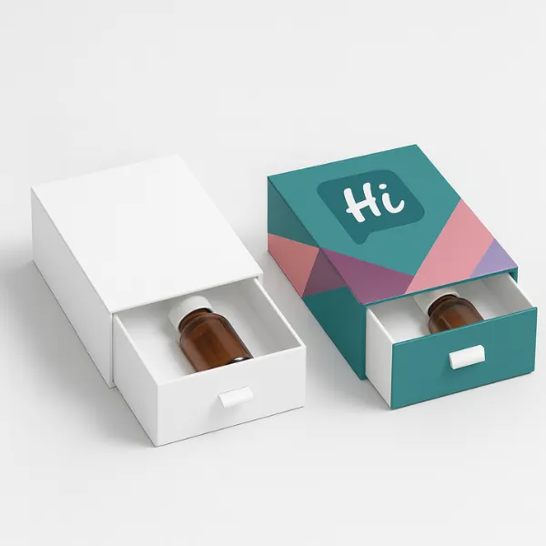 Drawer-style rigid boxes containing small bottles- shown in plain and fully branded designs with the HCB logo and geometric pattern- class=