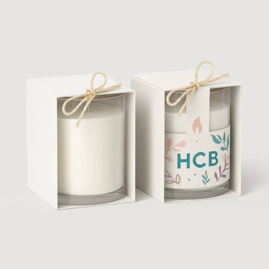 Two glass candles packaged in open-front display boxes tied with twine bows- one plain white and the other with colorful HCB floral branding-