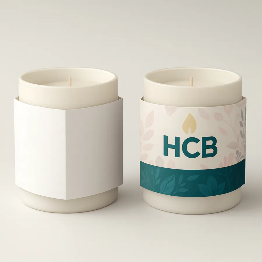 Two large candles with sleeve wraps- one plain white and the other with HCB logo and pastel floral design printed on a teal and beige wrap- class=