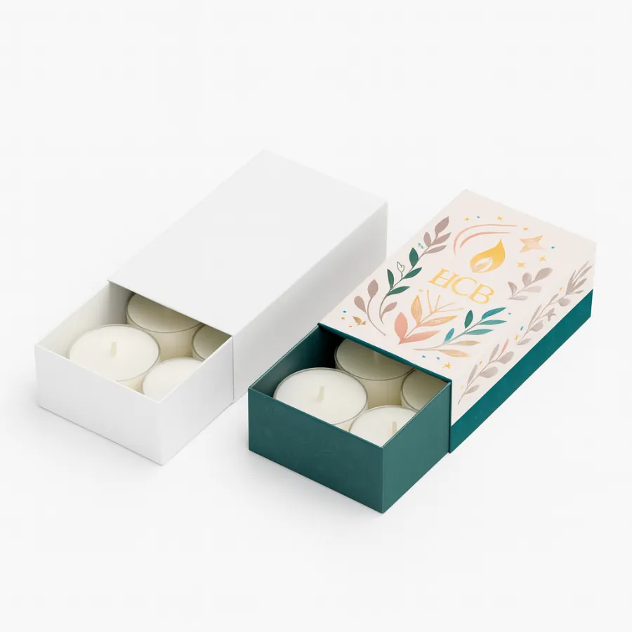 Drawer-style candle packaging boxes containing tealight candles- one plain white and the other with HCB branding in teal and pink floral design- class=