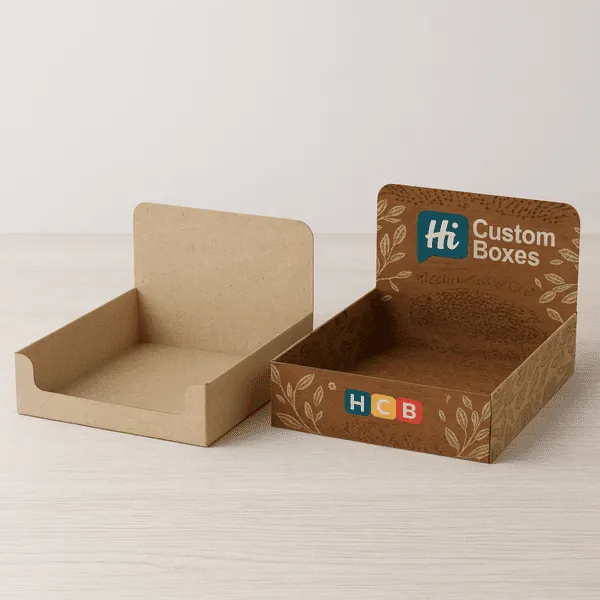 Kraft and custom printed display boxes with HCB logo and Hi Custom Boxes on back panel class=