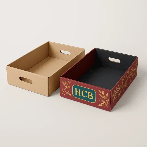 Kraft and red printed tray boxes with diecut handles and HCB logo on the front face class=