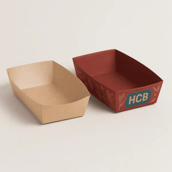 Kraft and red printed food trays with curved edges and botanical HCB branding class=