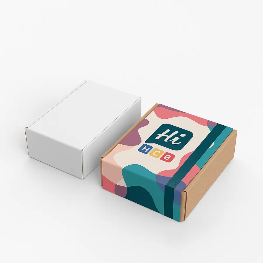 Custom printed mailer sleeves featuring bold abstract patterns with HCB logo- designed for secure product packaging and premium brand presentation- class=