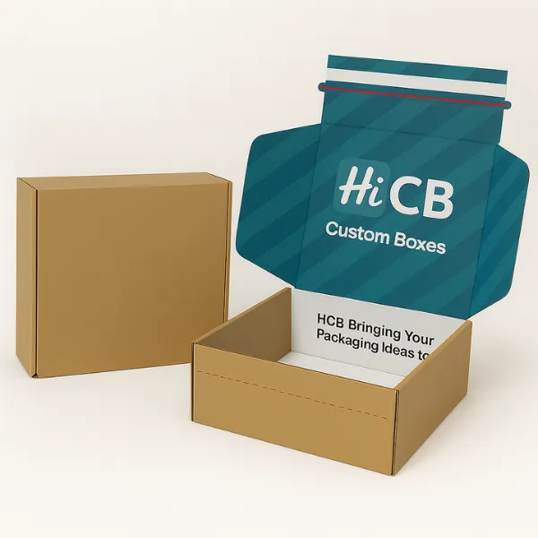 Kraft mailer boxes - one plain brown- one with blue striped inner lid printed with HiCB logo and brand tagline- class=