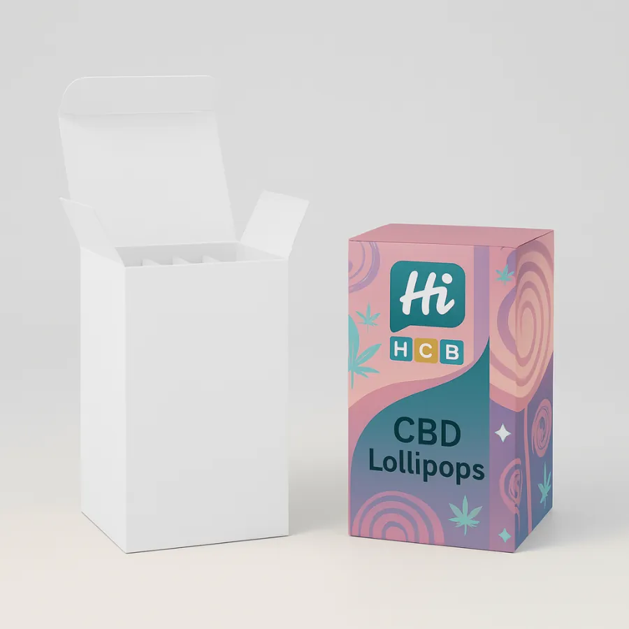 Tall tuck-top retail boxes with internal dividers- one unprinted and one colorful -Hi HCB CBD Lollipops- design-