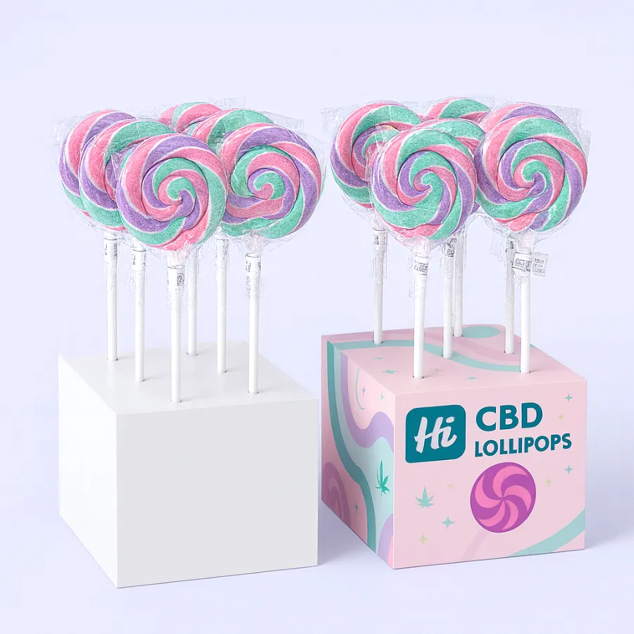 Lollipop stand displays- one plain cube and one branded pastel cube holding wrapped swirl lollipops with -Hi CBD Lollipops- class=