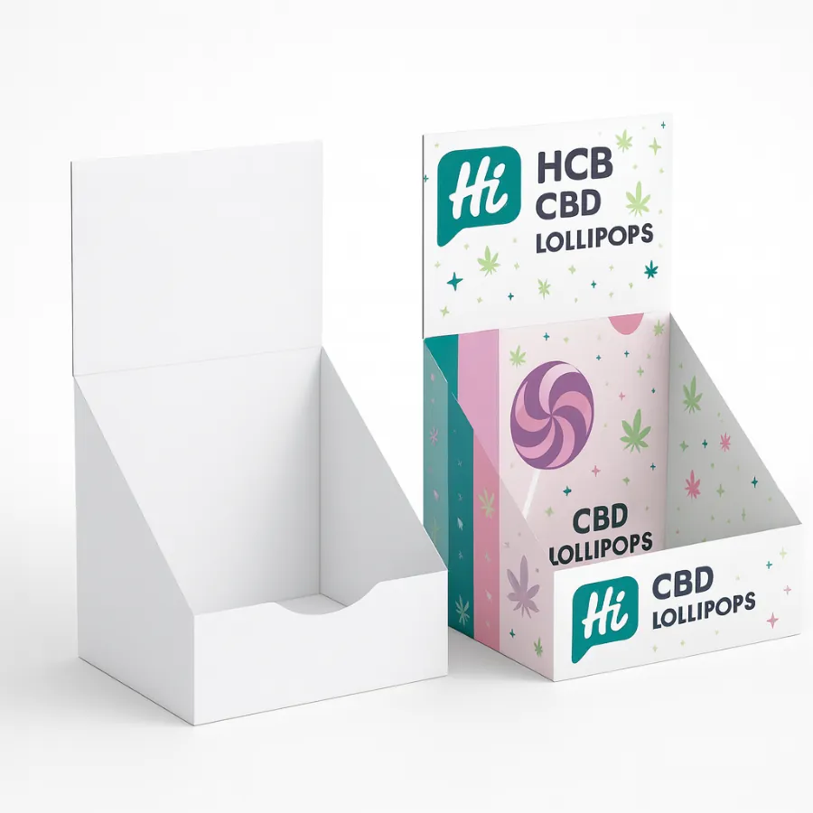 Countertop display boxes for CBD lollipops- one plain white- one branded with pastel graphics and -Hi HCB CBD Lollipops- class=