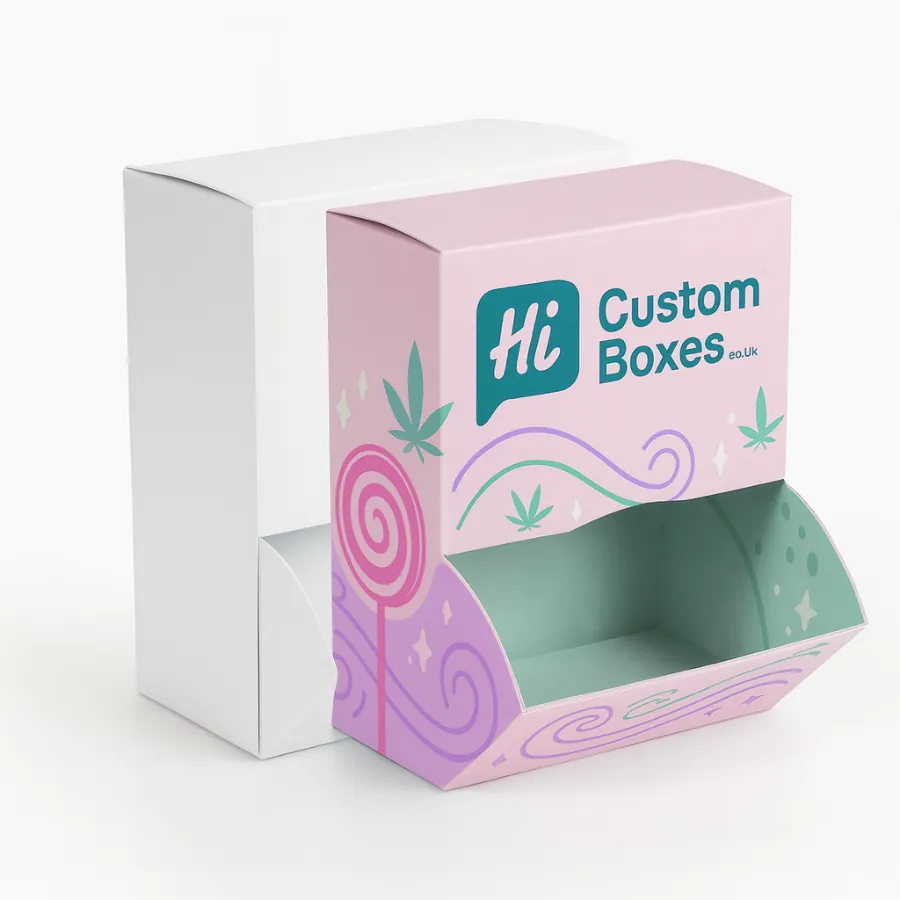 Hanging-dispensing carton with curved scoop opening- shown blank and printed in pink-mint with -Hi Custom Boxes- branding- class=