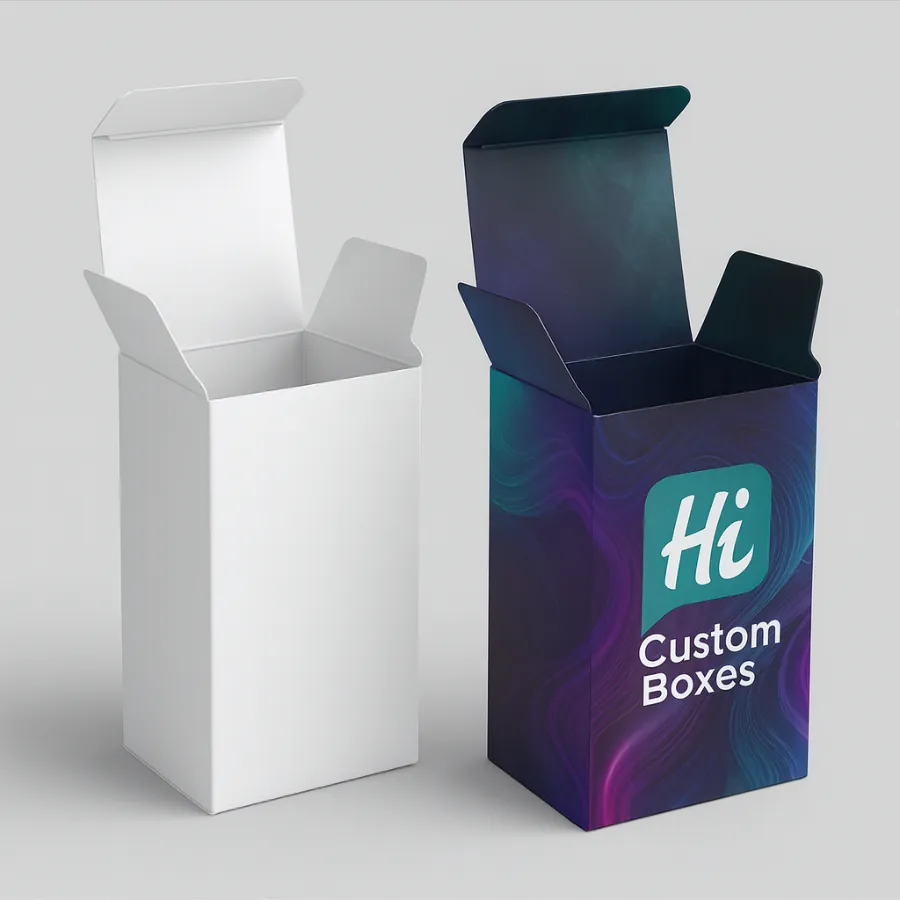Custom printed e-liquid boxes -straight tuck end style- with a colorful branded design next to a plain white blank box- ideal for vape juice packaging-