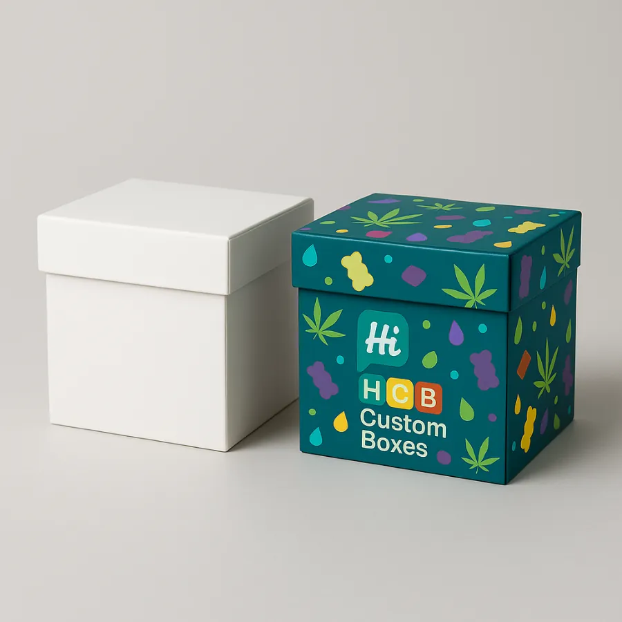 Two square- two-piece rigid boxes for edibles packaging- one plain white and one printed with a colourful pattern- class=