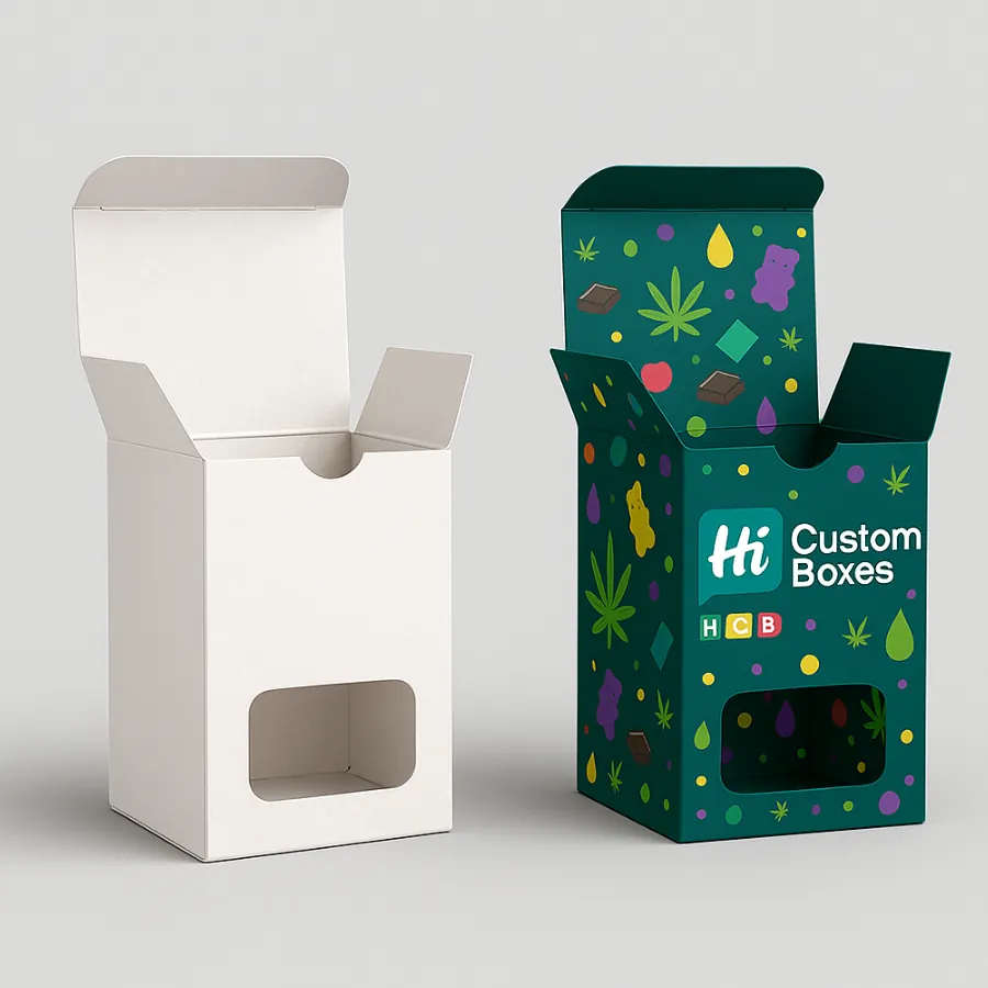 Two tall- windowed boxes for edibles- one plain white and one printed with a colourful leaf and candy pattern-