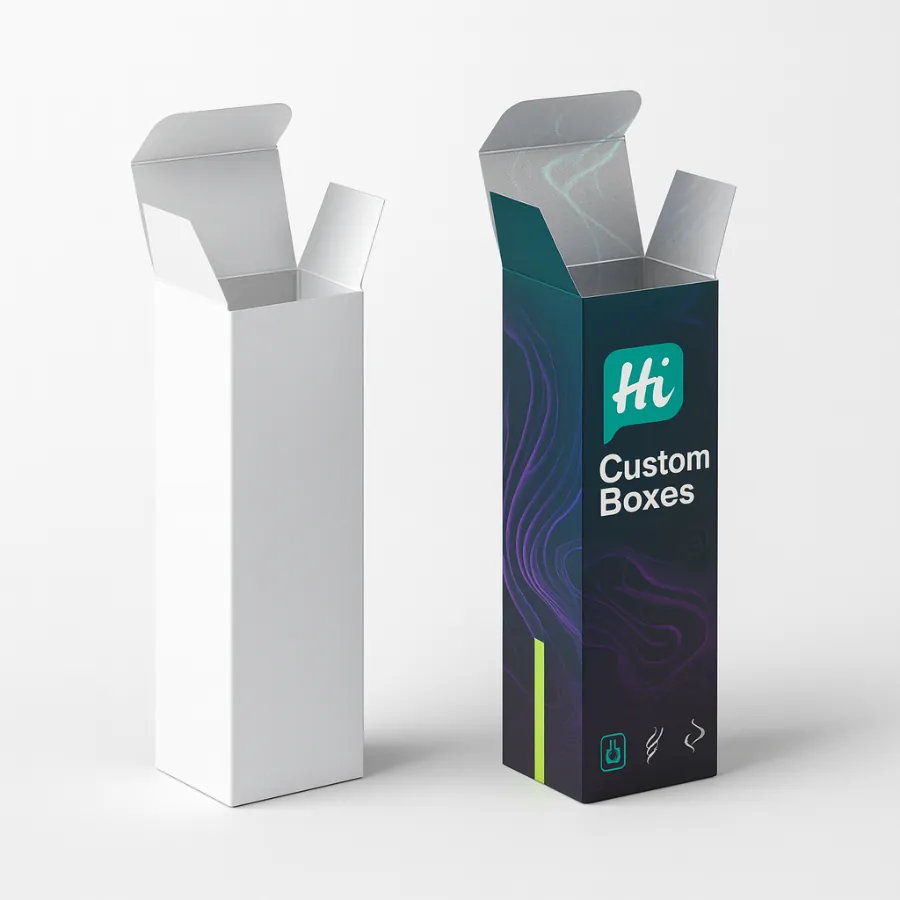 Two open- tall- straight tuck end boxes for custom vape pen product packaging- class=