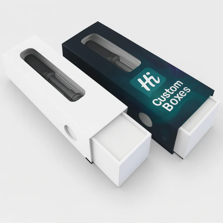 Luxury drawer-style boxes for vape pens- showing a window and pull-out tray- class=