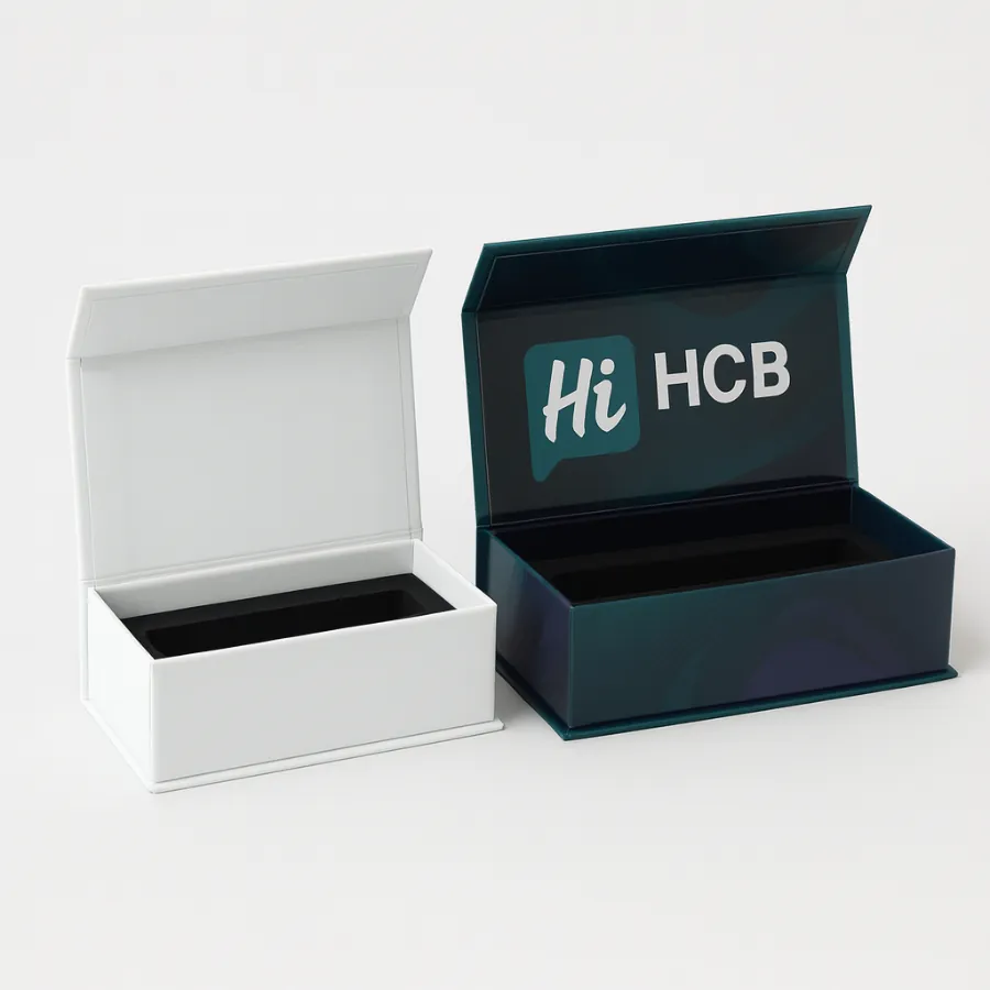 Open white and branded luxury rigid boxes with magnetic closures for vape pens and accessories- class=