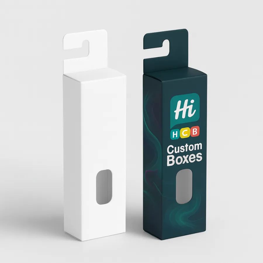 Two tall- hanging retail boxes with display windows for packaging vape pens- class=