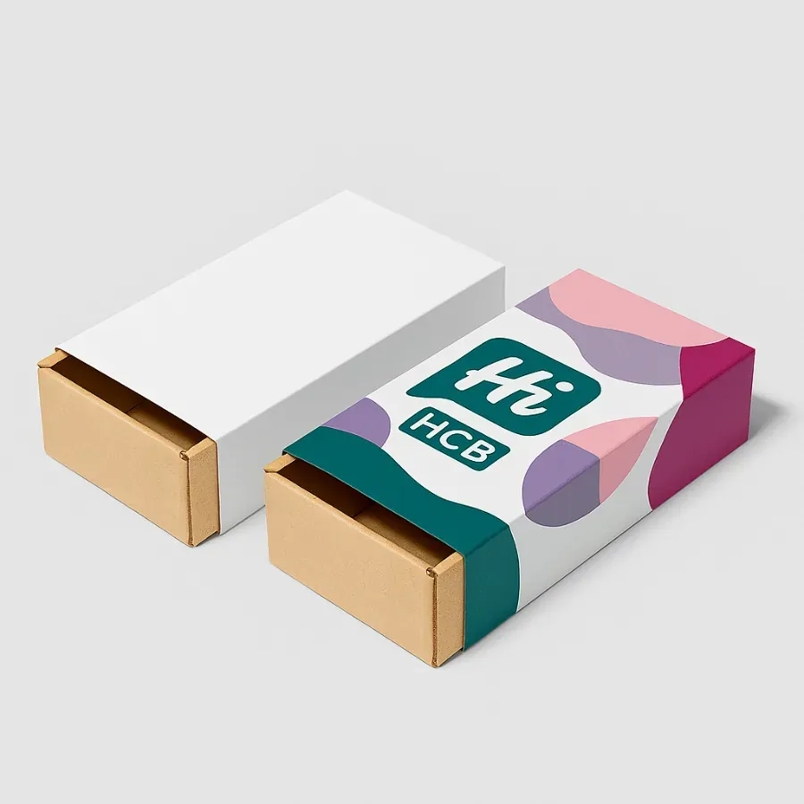 Custom sleeve mailer boxes with minimalist white sleeve and colorful printed design by HCB- showcasing modern packaging for retail and e-commerce use class=