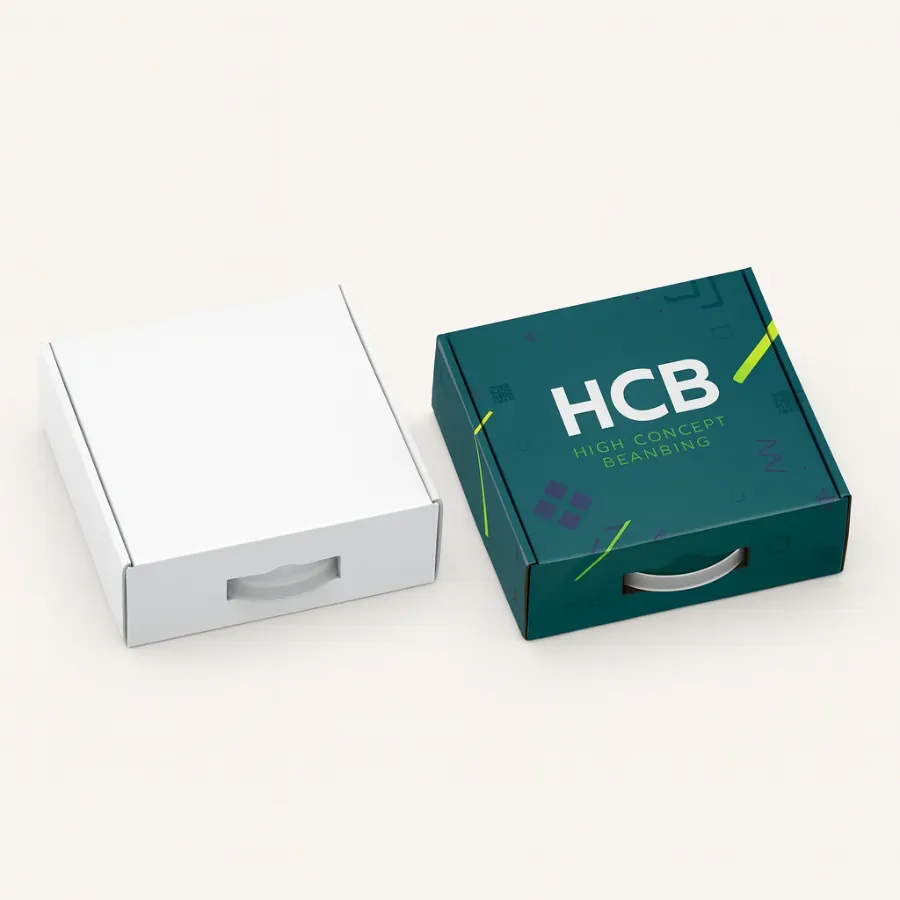 Two closed square mailer boxes with a plastic handle on the front- One is plain white- and the other is dark teal with a -HCB High Concept Beanbing- logo and abstract neon graphics class=