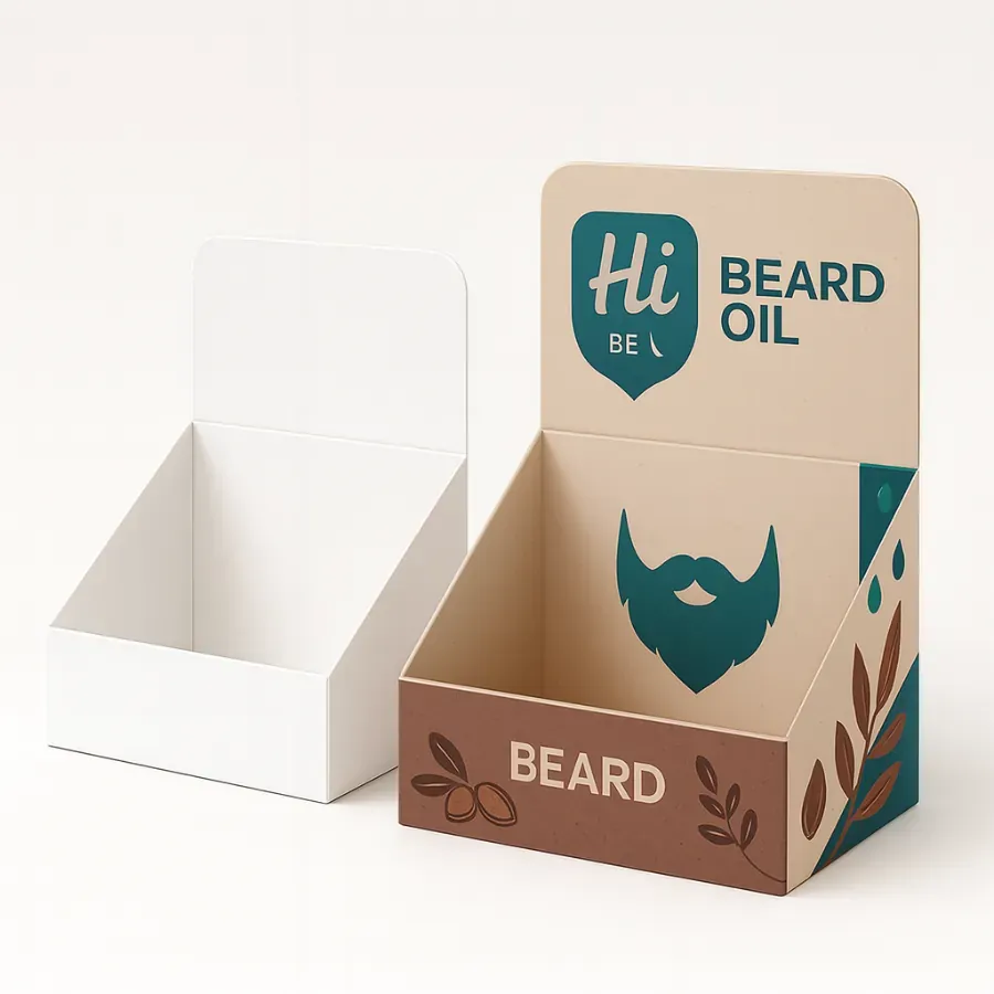 Beard oil display box packaging with high back panel for branding- shown in plain white and a custom printed version with Hi Beard Oil text- beard illustration- leaves- and oil droplet artwork class=