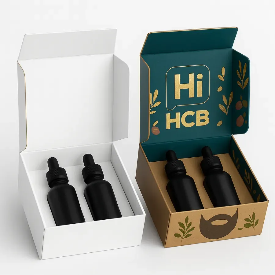 Custom beard oil packaging with two dropper bottles inside boxes- showing plain white and branded printed versions with Hi HCB logo- beard graphics- and leaf patterns class=