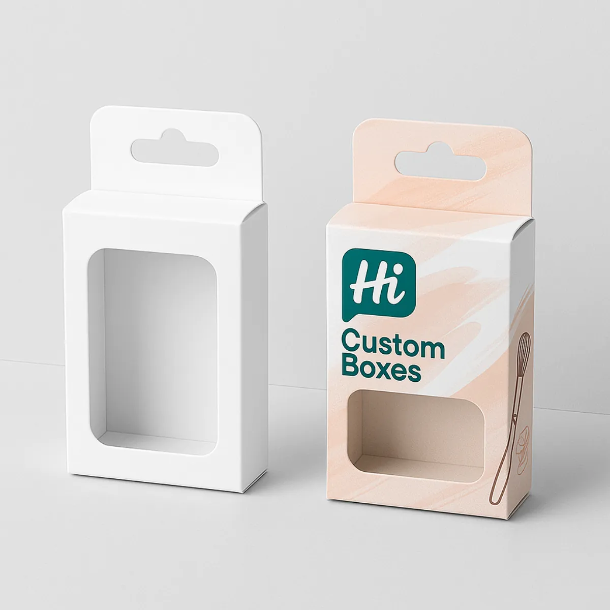 Two hanging display boxes for cosmetics- The plain box on the left has a transparent window- while the right box has -Hi Custom Boxes- branding with peach and teal design- plus makeup illustrations- class=