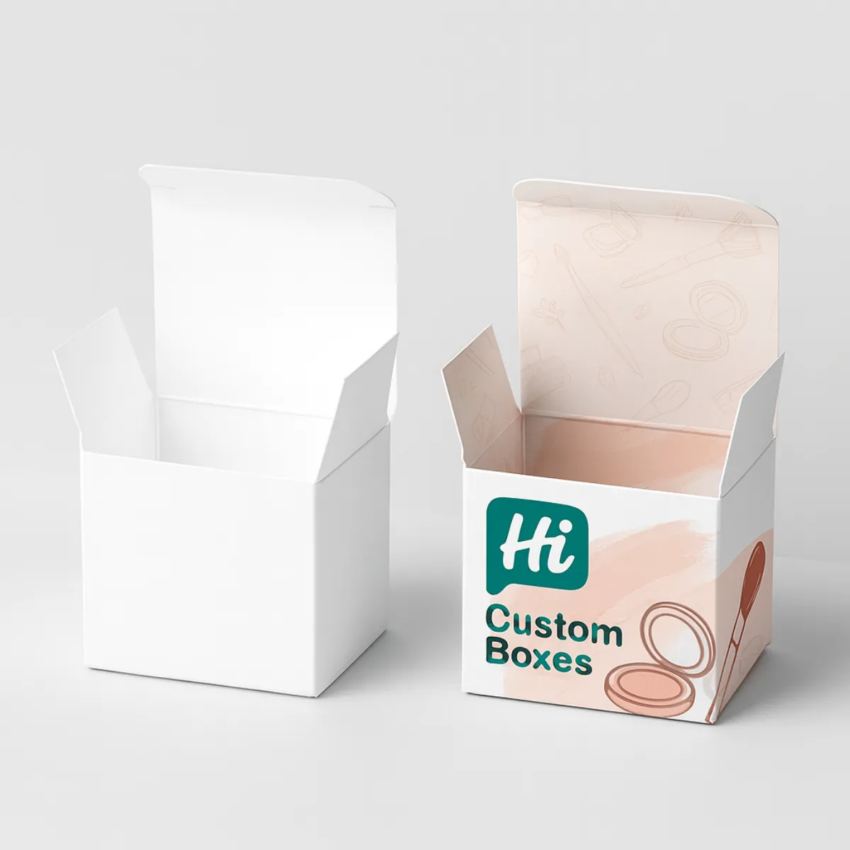 Two tuck-top cosmetic boxes- The left one is plain white- and the right one is printed with -Hi Custom Boxes- branding in teal and peach shades- featuring cosmetic icons inside and outside-