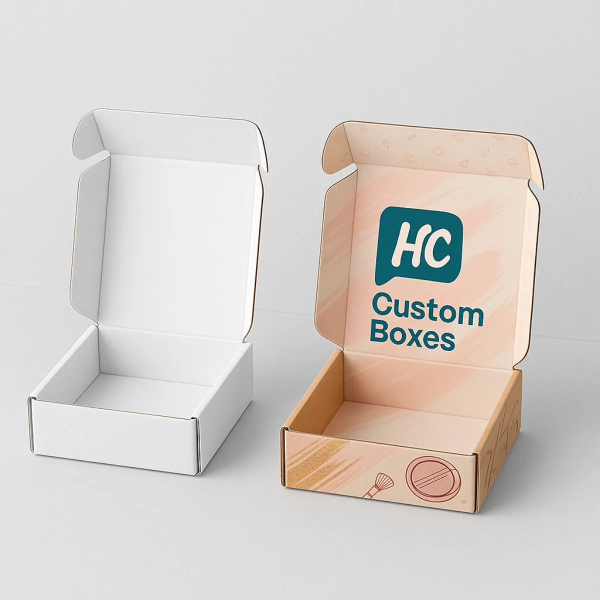 Two cosmetic mailer boxes- One is plain white- while the other is custom-designed with -HC Custom Boxes- branding in teal and peach- featuring printed cosmetic icons inside the lid- class=