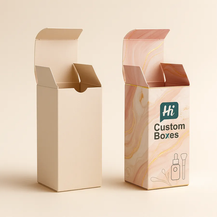 Tall custom foundation cartons with marble artwork and icons- tuck-top with thumb-cut for easy opening-