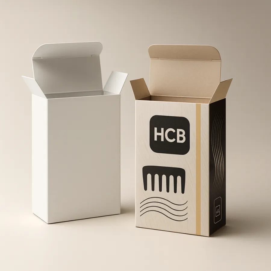 Custom hair comb folding cartons- showing a plain white box and a unique wood-grain effect box with a large comb graphic and -HCB- logo- demonstrating versatile packaging options for hair accessories-