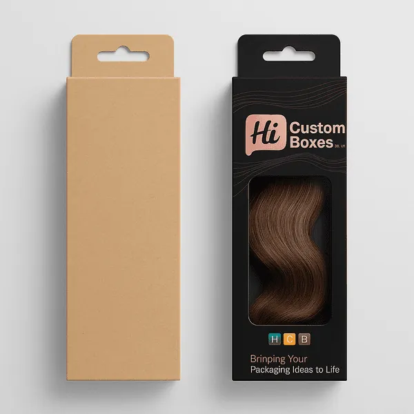 Printed black display box for hair extensions with hang tab and kraft insert box beside it class=
