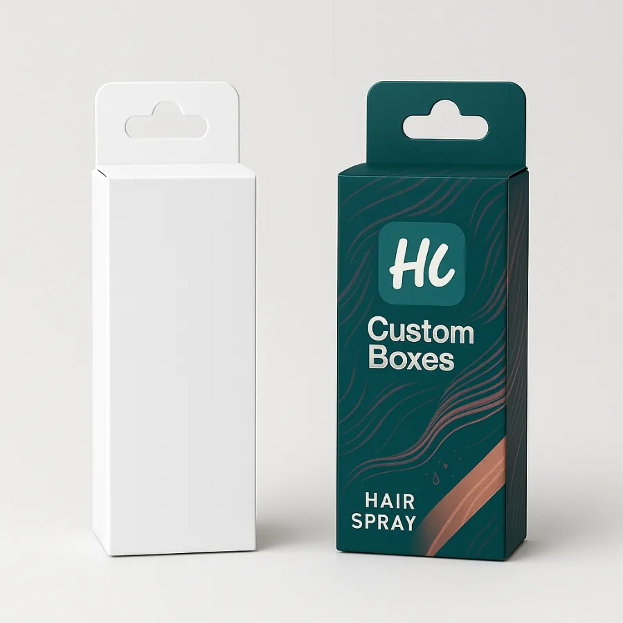 Custom hanging tab packaging box design for hair spray- One plain white box and one printed box in teal with wave graphics and Hi Custom Boxes branding- class=